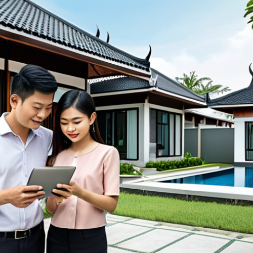 **A modern Thai family confidently purchasing a home using a sleek, user-friendly blockchain platform on their tablets. The scene should convey security, transparency, and ease of use. Background elements could include a contemporary Thai housing development.**