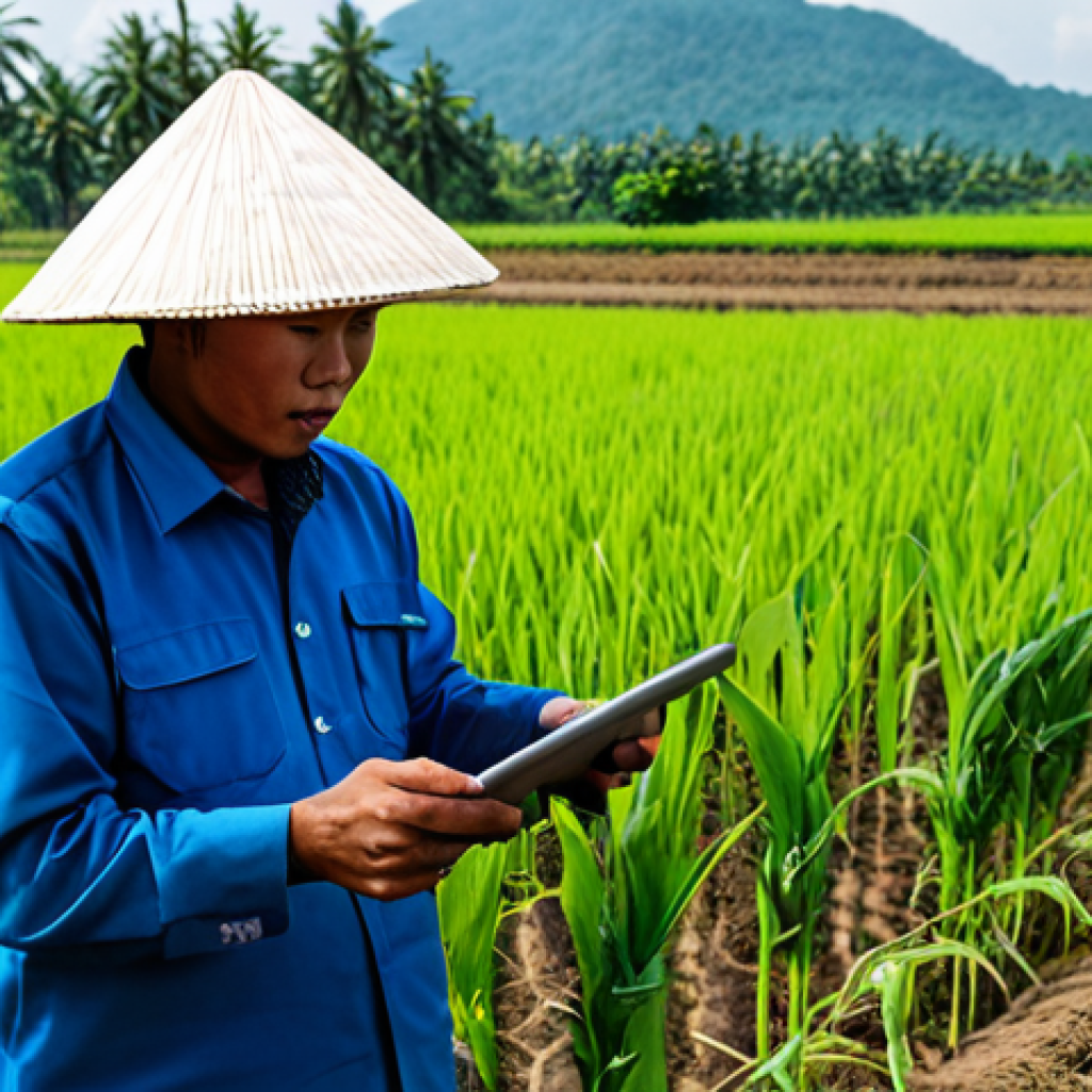 Blockchain in Thai Agriculture**
"A modern Thai farmer using a tablet to monitor crops, data displayed on the screen shows blockchain-verified information about fertilizer usage and harvest yields, rice paddies in the background, fully clothed in traditional farming attire, safe for work, appropriate content, perfect anatomy, natural proportions, professional, modest, family-friendly, high quality, vibrant colors."
**