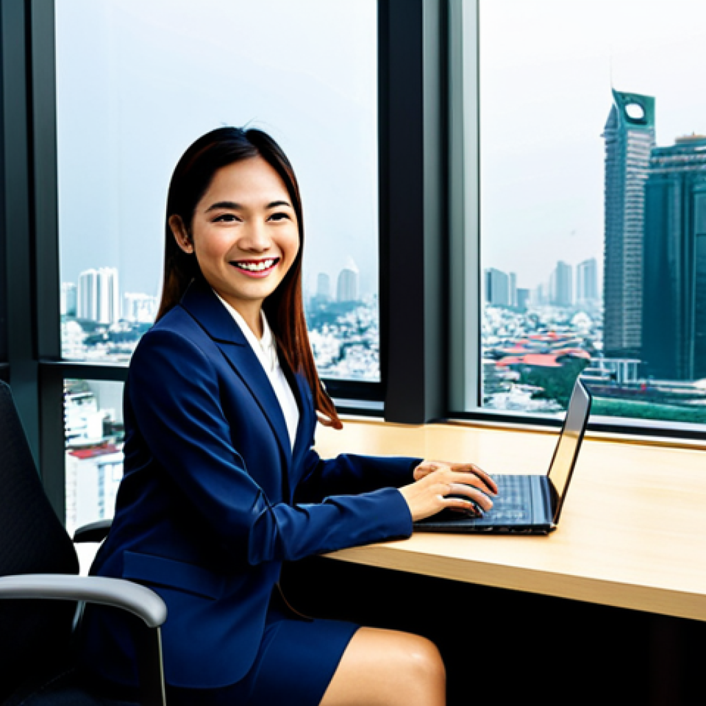 블록체인 채굴의 기초 이해하기 - ** A successful Thai businesswoman in a tailored business suit, smiling confidently while working on...