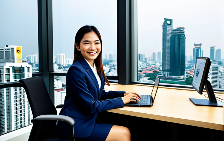 블록체인 채굴의 기초 이해하기 - ** A successful Thai businesswoman in a tailored business suit, smiling confidently while working on...