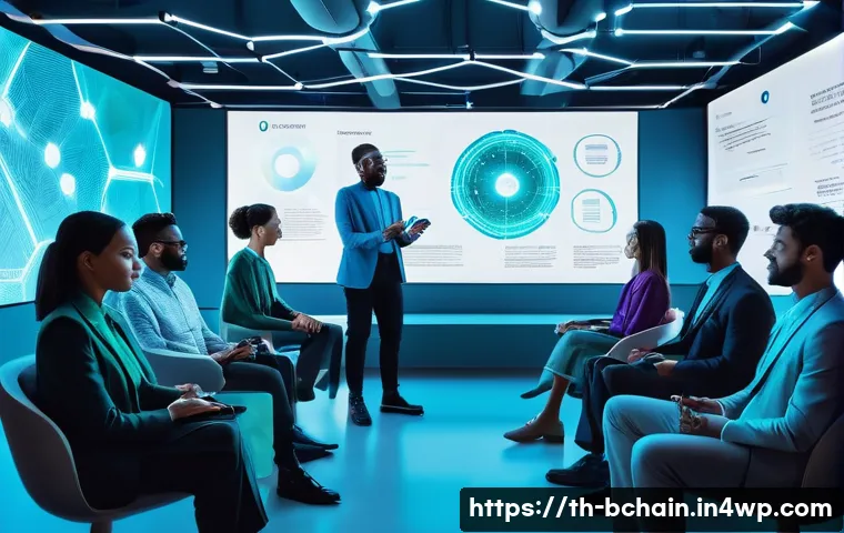 블록체인 기술의 주요 인물과 기업 - **Prompt:** "A group of diverse, visionary individuals, representing the pioneers of blockchain tech...