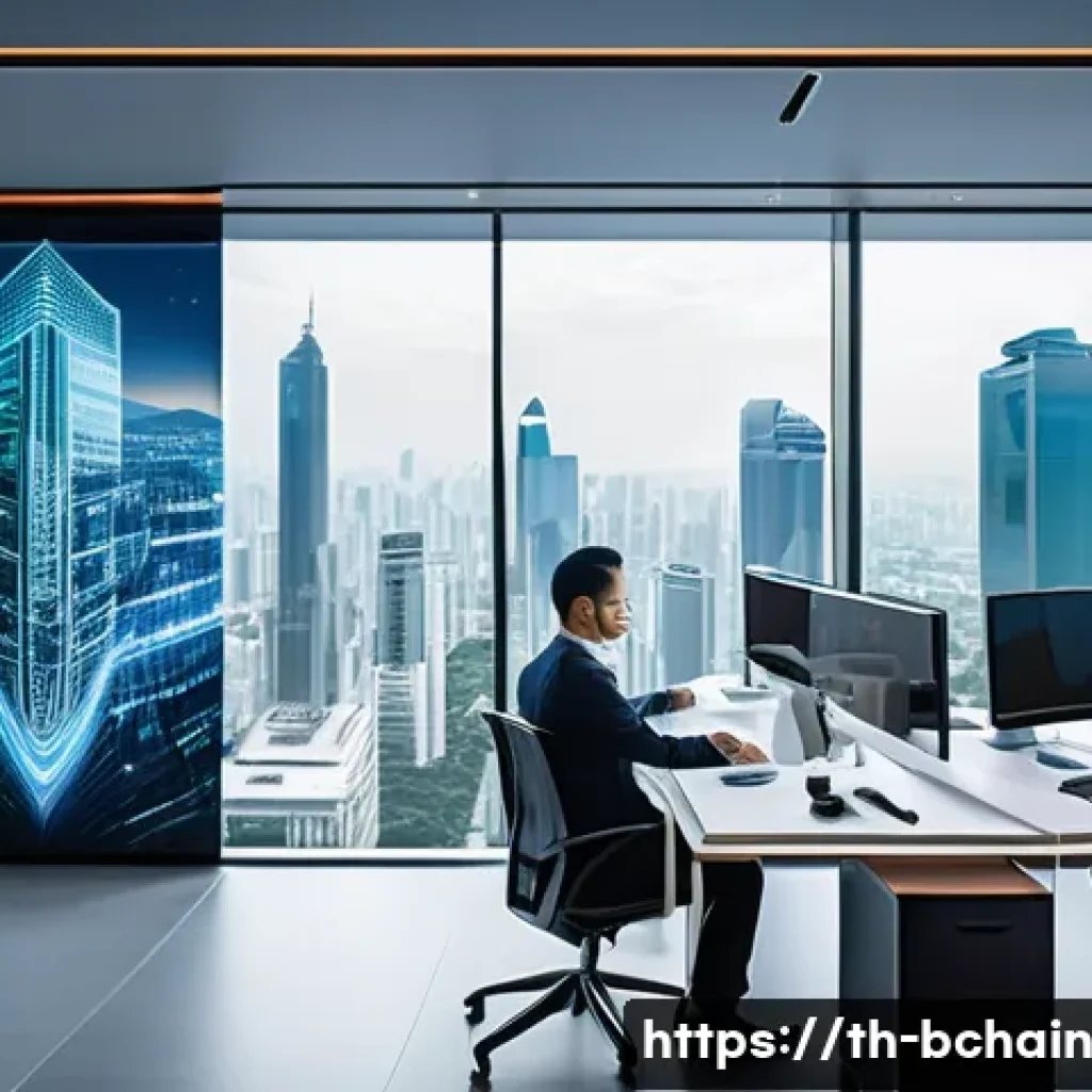 블록체인 개발과 인공지능의 시너지 - A futuristic Thai urban office environment showcasing a diverse team of professionals analyzing larg...