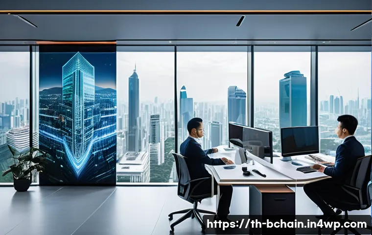 블록체인 개발과 인공지능의 시너지 - A futuristic Thai urban office environment showcasing a diverse team of professionals analyzing larg...