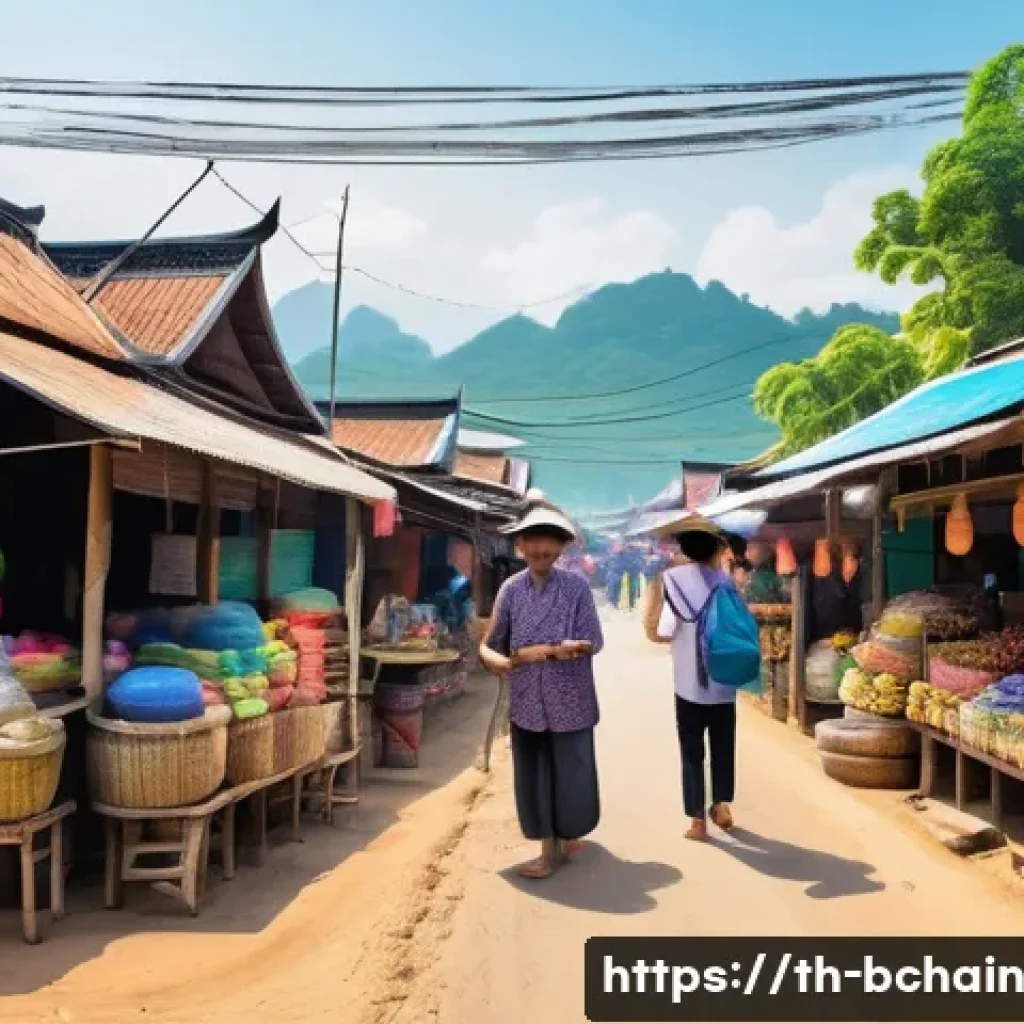 블록체인 기술의 사회적 책임 - A vibrant Thai local community scene showing diverse people using digital wallets on smartphones, wi...
