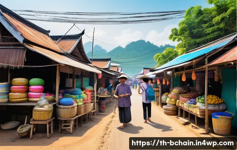 블록체인 기술의 사회적 책임 - A vibrant Thai local community scene showing diverse people using digital wallets on smartphones, wi...