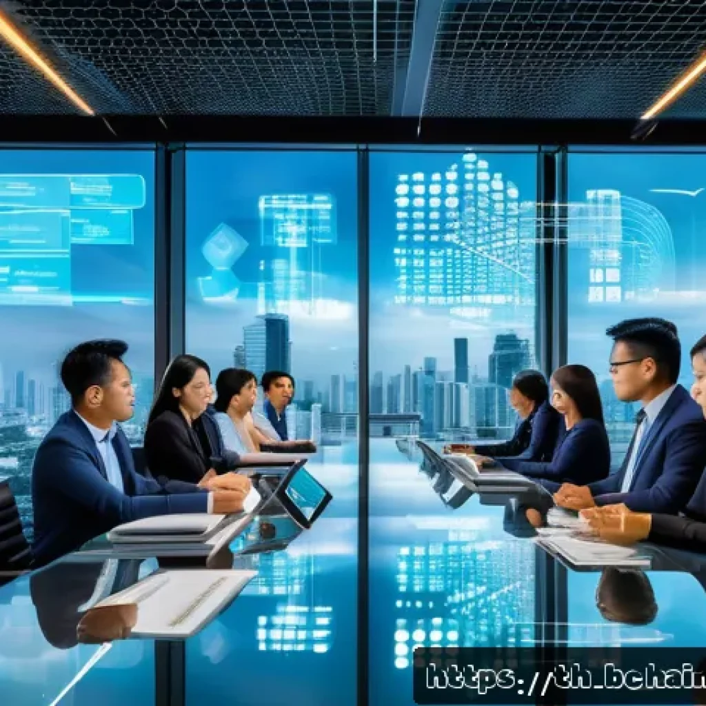 블록체인 데이터 보호 및 암호화 기술 - A modern digital office environment in Bangkok, featuring Thai business professionals collaborating ...