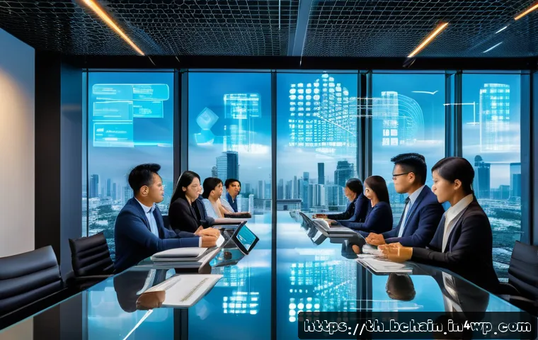 블록체인 데이터 보호 및 암호화 기술 - A modern digital office environment in Bangkok, featuring Thai business professionals collaborating ...