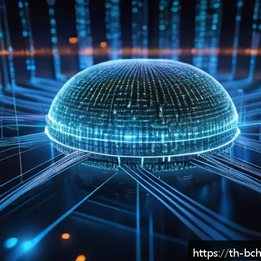 블록체인 네트워크의 분산 처리 원리 - A detailed digital illustration of a decentralized blockchain network showing thousands of diverse c...