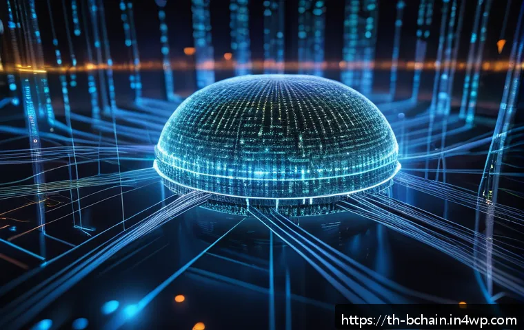 블록체인 네트워크의 분산 처리 원리 - A detailed digital illustration of a decentralized blockchain network showing thousands of diverse c...