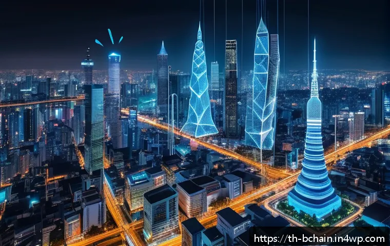 블록체인 개발에서의 데이터 시퀀스 - A high-tech blockchain network visualization showing interconnected nodes and data blocks arranged i...