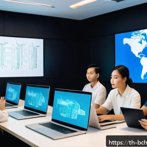 Home 32 블록체인 개발 시 유용한 온라인 리소스 - A modern digital classroom setting in Thailand focused on blockchain development, featuring a divers...