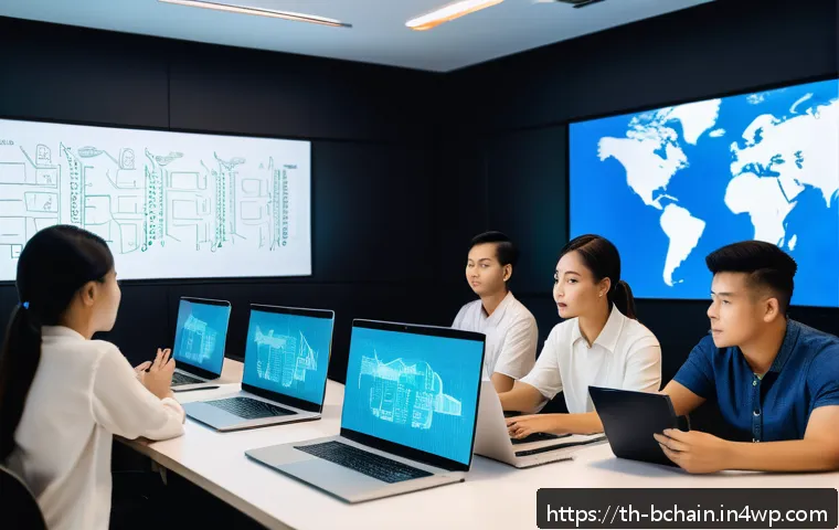 블록체인 개발 시 유용한 온라인 리소스 - A modern digital classroom setting in Thailand focused on blockchain development, featuring a divers...