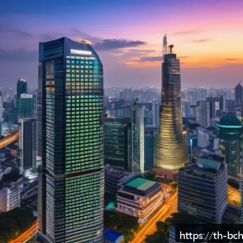 Home 31 블록체인 기술이 금융에 미치는 영향 - A futuristic financial district in Bangkok at dusk, showcasing sleek skyscrapers with digital screen...