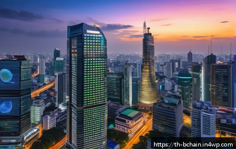 블록체인 기술이 금융에 미치는 영향 - A futuristic financial district in Bangkok at dusk, showcasing sleek skyscrapers with digital screen...