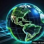 Home 18 블록체인에서 다루는 데이터 유형 - A futuristic global blockchain network visualization, showing numerous interconnected computer nodes...