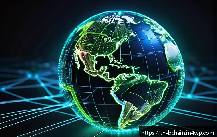 블록체인에서 다루는 데이터 유형 - A futuristic global blockchain network visualization, showing numerous interconnected computer nodes...