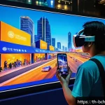 Home 23 블록체인 네트워크의 작동 원리 - A futuristic digital marketplace in Bangkok showcasing NFT art and digital collectibles displayed on...