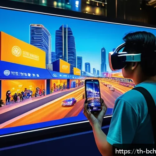 Home 17 블록체인 네트워크의 작동 원리 - A futuristic digital marketplace in Bangkok showcasing NFT art and digital collectibles displayed on...