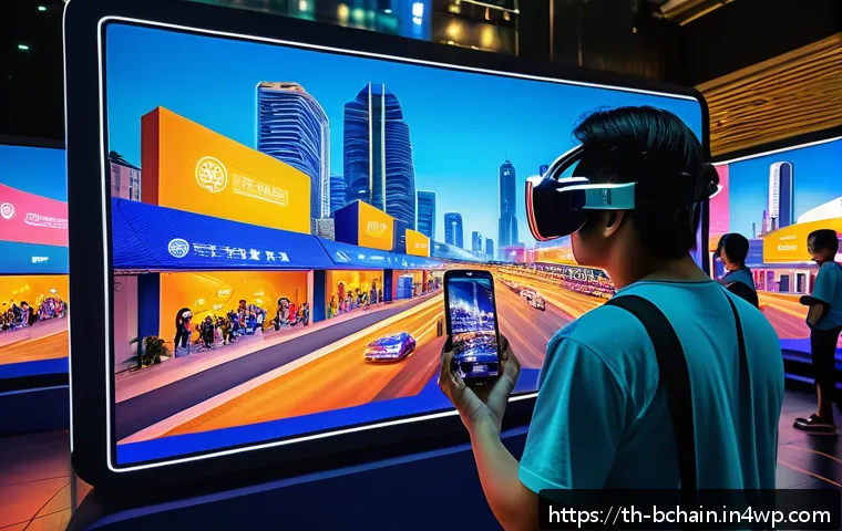 블록체인 네트워크의 작동 원리 - A futuristic digital marketplace in Bangkok showcasing NFT art and digital collectibles displayed on...