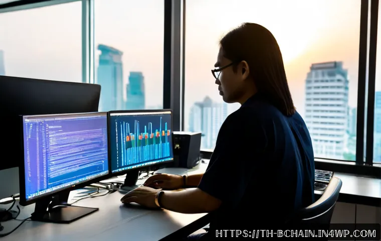 블록체인 개발에 필요한 기술 스택 - Photorealistic Thai blockchain developer working at a clean modern desk in a Bangkok co-working spac...